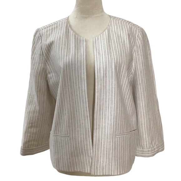Loft Outlet Linen Blend Striped Open Front Blazer Tie Detail Sleeves Size L NEW - Picture 1 of 5